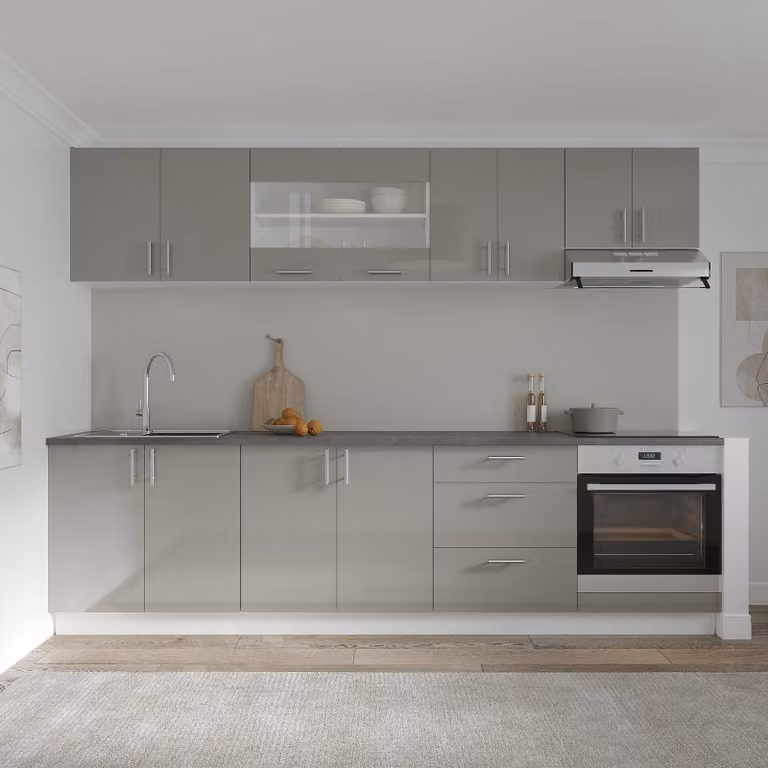 Szafka kuchenna Karo V22, kolor: wysoki połysk, szarość/biał, materiał: MDF, blat: Thermo, grubość 28 mm, szerokość: 280 cm