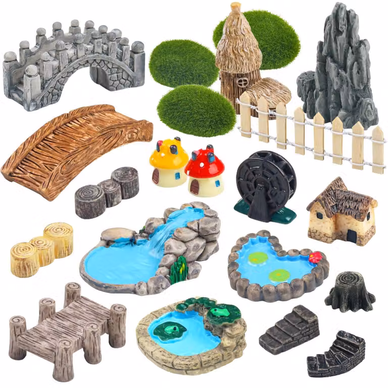 Miniatury ogrodowe, mostek, domek, krajobraz, studnia, ogrodzenie, figurki, staw, grzyby, trawnik, dekoracje do rękodzieła, sukulenty, 21 sztuk
