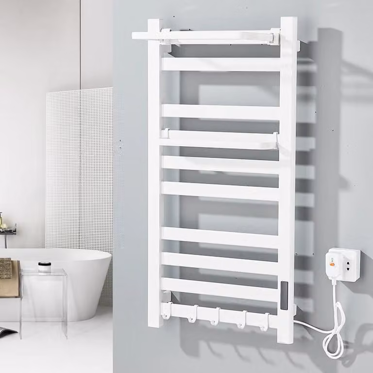 Elektryczny grzejnik ręcznikowy - model montowany na ścianie 9649 - wyświetlacz cyfrowy - energooszczędny, 220V - stal nierdzewna, 58,5 x 55 cm - biały