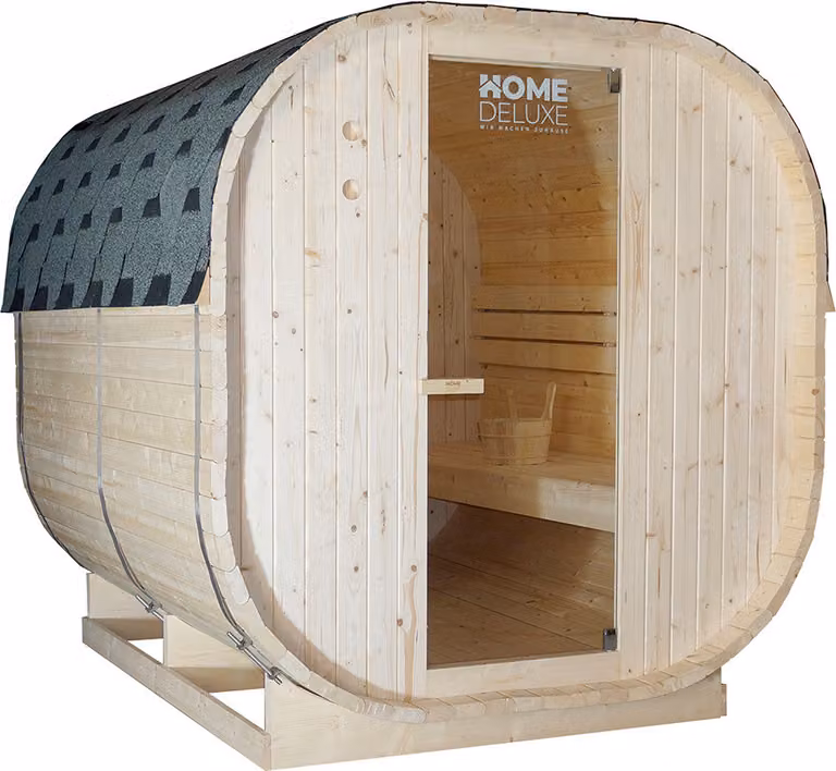 HOME DELUXE - Sauna zewnętrzna CUBE XL - Wymiary: ok. 185 cm x 195 cm x 220 cm, drewno: drewno świerkowe - w zestawie piec do sauny i akcesoria do sauny I Sauna ogrodowa, sauna zewnętrzna, beczka do sauny dla 6 osób
