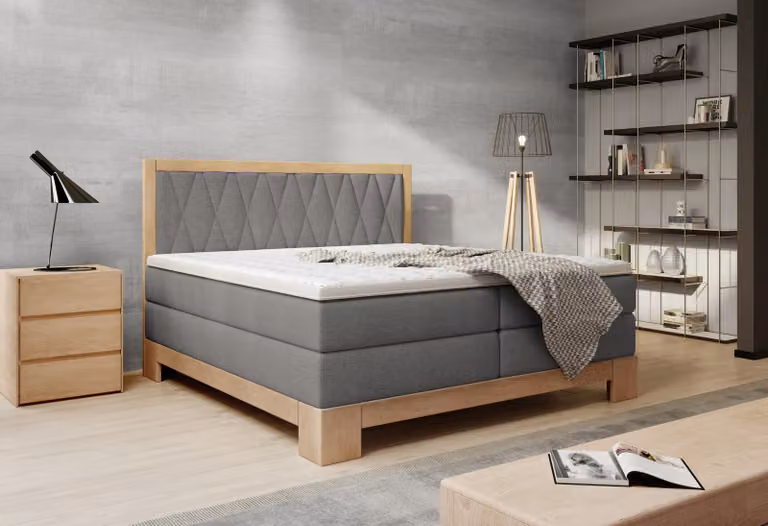 Łóżko kontynentalne do sypialni Skandynawskie łóżko sprężynowe 140x200cm w kolorze jasnego dębu Nowoczesny design Z ergonomicznym materacem i nakładką z zimnej pianki Kolor ciemnoszary
