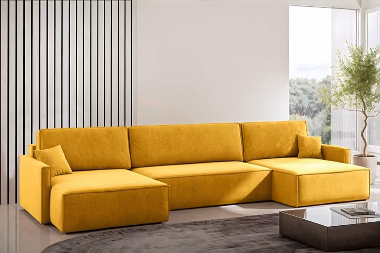 Sofa Narożna w Kształcie Litery U Carlos z Funkcją Spania i Pojemnikiem na Pościel Tkanina Salvador Żółty