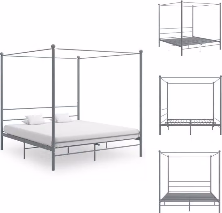 vidaXL Łóżko z baldachimem szare metalowe 180x200 cm - Łóżka i stoliki nocne