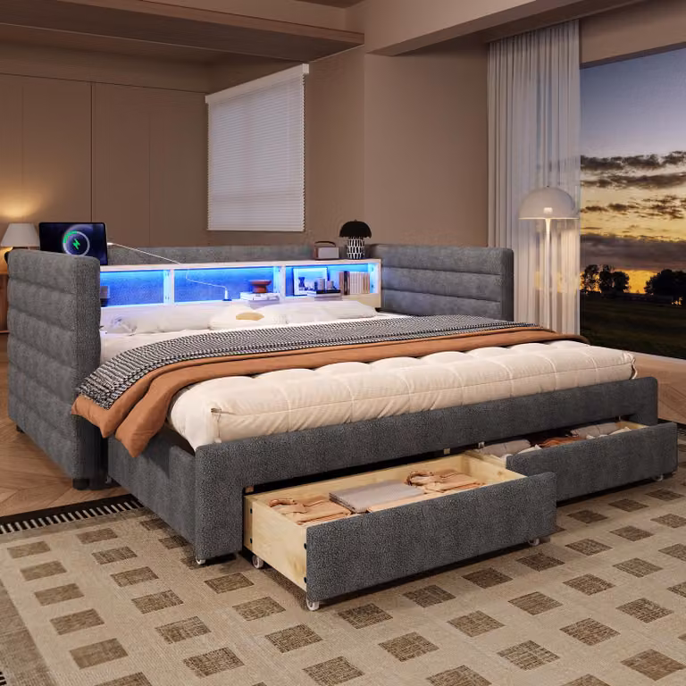 Sofa rozkładana Flieks Łóżko tapicerowane 90x190 cm z diodami LED i funkcją ładowania, łóżko dzienne z 2 szufladami i otwartymi schowkami, aksamit, szary