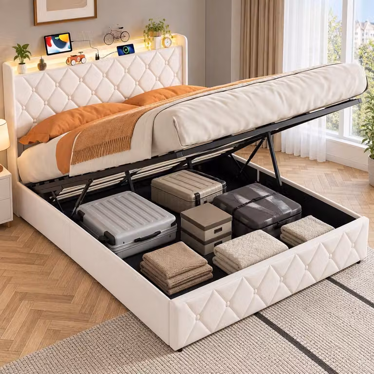 Łóżko tapicerowane INONEFT, 140x200 cm, z pojemnikiem na pościel, oświetleniem LED i portami USB, łóżko młodzieżowe z hydraulicznym podnośnikiem, stelaż łóżka z listwami, obita welurem, kolor beżowy
