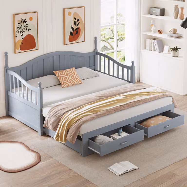 Fortuna Lai Rozkładana sofa z litego drewna 90/180*190 cm, z rzymskimi kolumnami, z zakrzywionym oparciem i podłokietnikami, z szufladami i listwowym stelażem, łóżko wielofunkcyjne z drewna sosnowego, szare