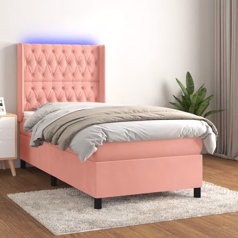vidaXL Łóżko na sprężynach z materacem i diodami LED różowe 100x200 cm aksamitne - Łóżko na sprężynach - Łóżka - Meble do sypialni