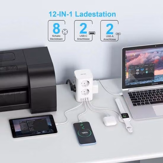 Listwa zasilająca typu "wieża" 12 w 1 z 8 gniazdami, 4 portami USB, szybkim ładowaniem GaN (30W), mocą 4000W i prądem 16A, kolor biały. Idealna do użytku w domu i biurze