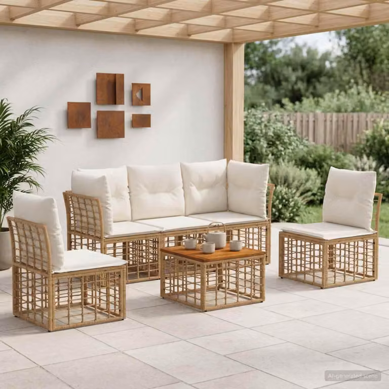 Maison Exclusive - Zestaw mebli ogrodowych (sofa i 6 foteli). Naturalny, kremowy poliester