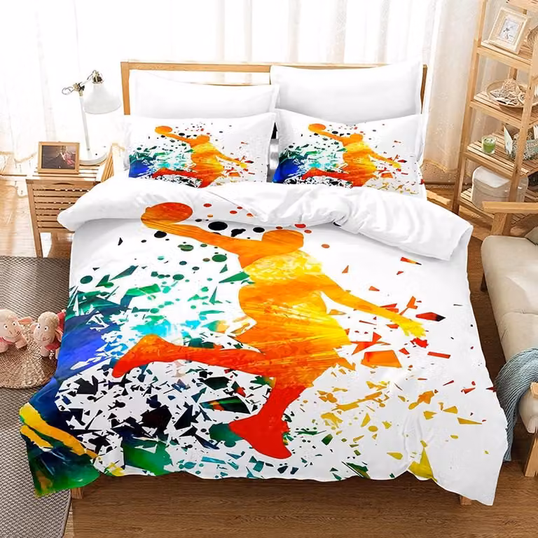 Komplet pościeli z prześcieradłem i poszewkami na poduszki (3 sztuki), wymiar 200 x 200 cm, z nadrukiem 3D przedstawiającym koszykarza, wykonany z mikrofibry, z zapięciem na zamek błyskawiczny
