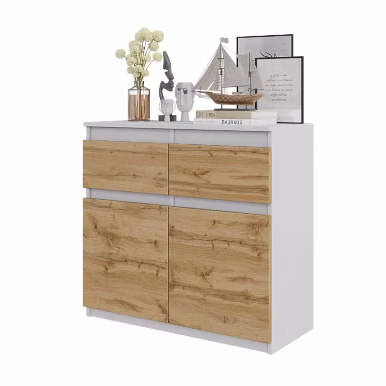 Komoda 80 Cm Biały Mat / Dąb Wotan 2 Szuflady, 2 Drzwi, 2 Półki, Salon, Sypialnia