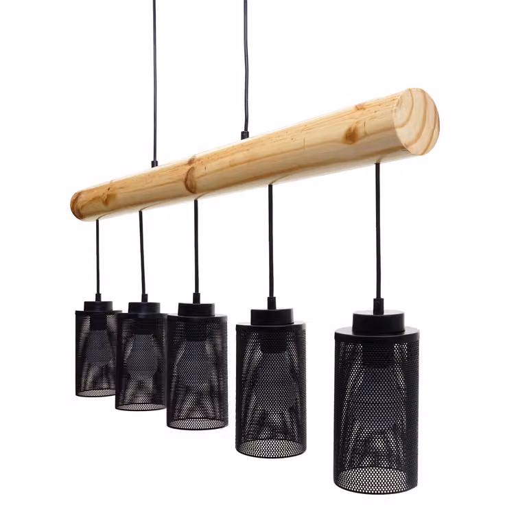Lampa wisząca H82 industrial, tube 5 74215 - metal / drewno - Czarny