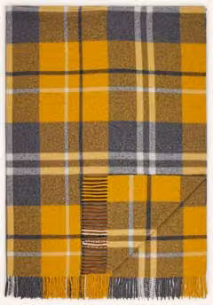 Wełniany koc Eb Home w kolorze żółto-szarym w kratę z frędzlami W x S: 190 x 130 cm