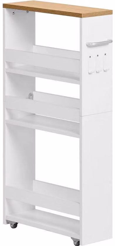 Wózek kuchenny z 4 poziomami, wąska półka na kółkach, wykonany ze stali, z uchwytem, idealny do małych pomieszczeń, wymiary: 40 x 14 x 80 cm, przeznaczony do kuchni, łazienki, salonu, biura, kolor: dąb + biały