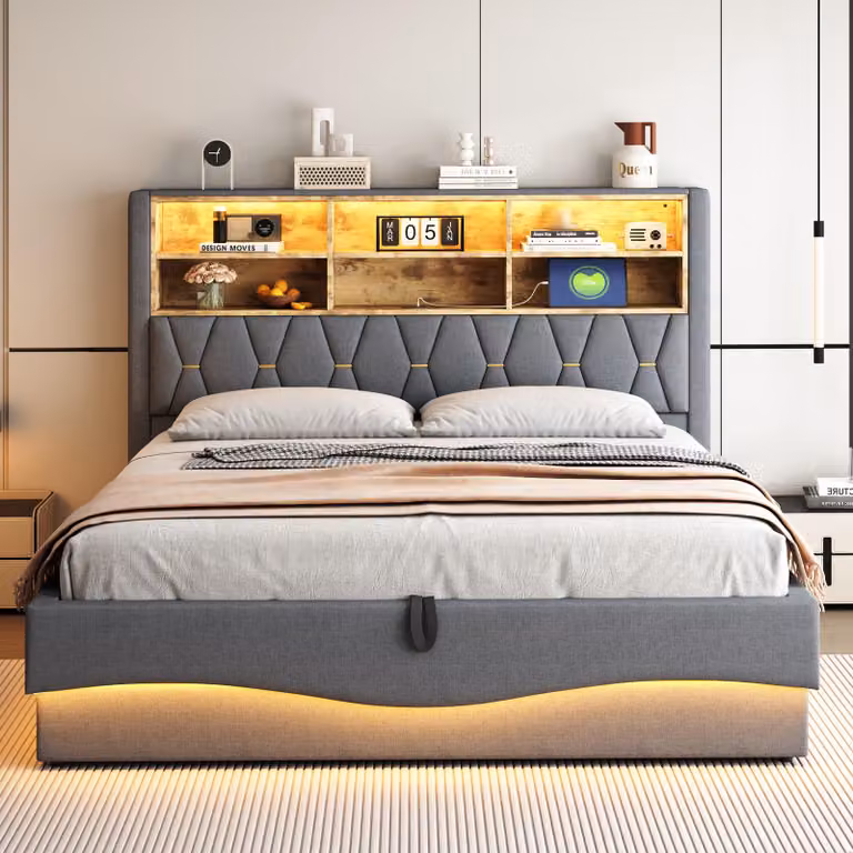 Łóżko tapicerowane Zerbaco, podwójne, 180x200 cm, z pojemnikiem na pościel, z podnoszeniem hydraulicznym, z oświetleniem LED, z portem USB do ładowania, z elastycznym stelażem, kolor: szary