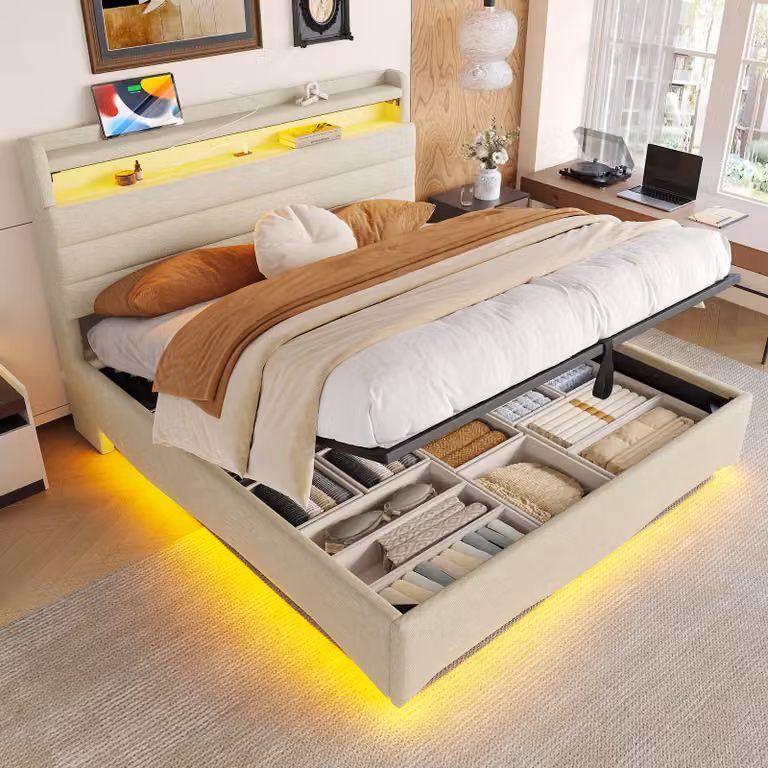 Łóżko tapicerowane Zerbaco, podwójne, 140x200 cm, z mechanizmem hydraulicznym, z oświetleniem LED, z portami USB i typu C, łóżko z pojemnikiem na pościel, kolor beżowy, bez materaca
