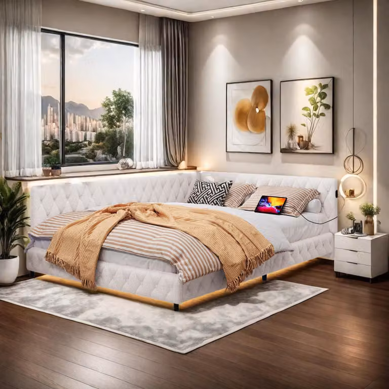 Łóżko tapicerowane INONEFT, 140x200 cm, z podświetleniem LED i ładowarką USB, sofa do spania, idealna jako łóżko gościnne, łóżko młodzieżowe, podwójne łóżko z aksamicznym zagłówkiem, kolor beżowy