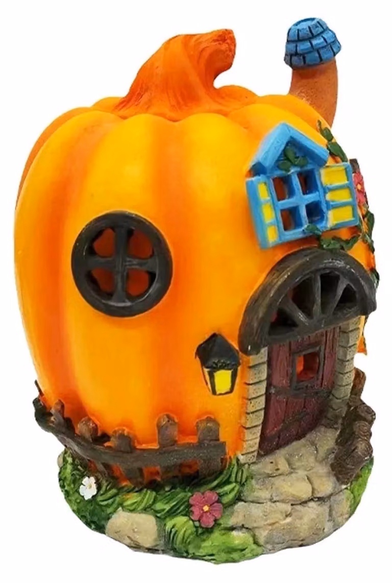 Figurka na Halloween – bajkowy domek z dyni zasilany energią słoneczną – wykonana z żywicy – do samodzielnej instalacji – świecący motyw dyni – dekoracja ogrodu
