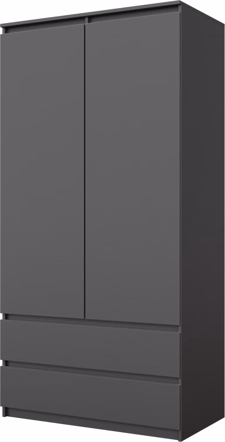 Szafa ubraniowa JOELLE 90 cm antracyt mat, szafa z drzwiami uchylnymi, 2 drzwi, 2 szuflady, drążek na ubrania i 3 przegrody, S90 x W180 x G50 cm