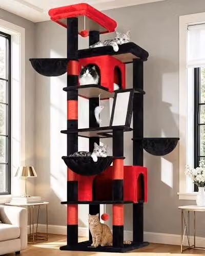 Drapak dla kotów gotycki czarno czerwony 204 cm 2 domki 3 kosze
