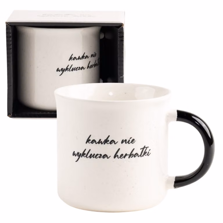 Biały kubek z porcelany "Kawka nie wyklucza herbatki" 380 ml