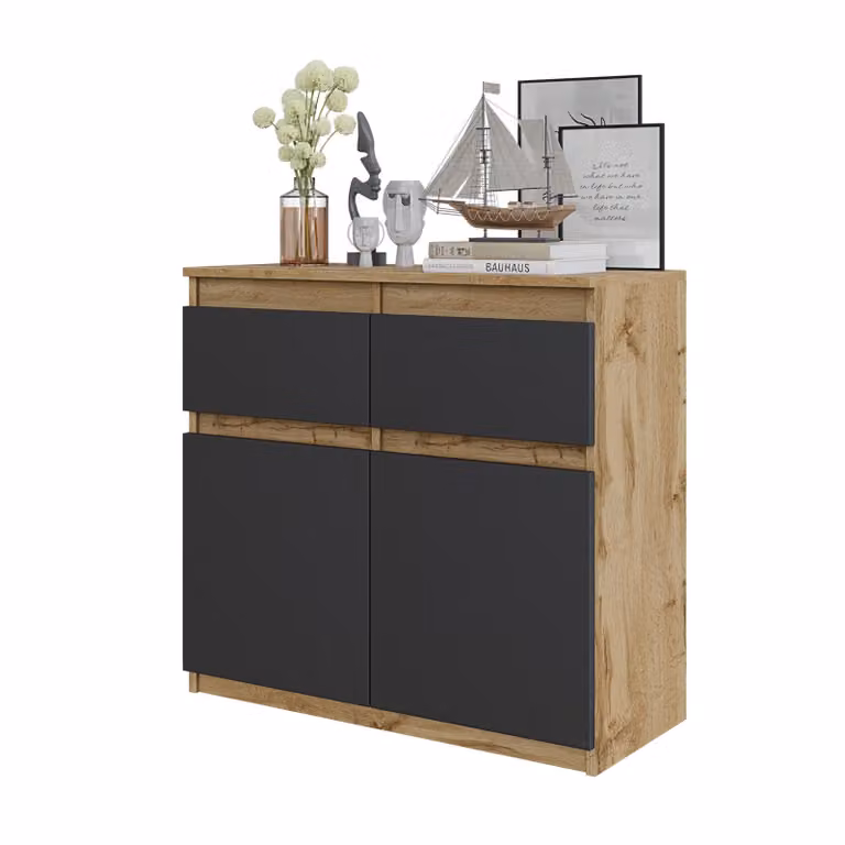 Komoda 80 Cm Dąb Wotan/Antracyt 2 Szuflady, 2 Drzwi, 2 Półki, Salon