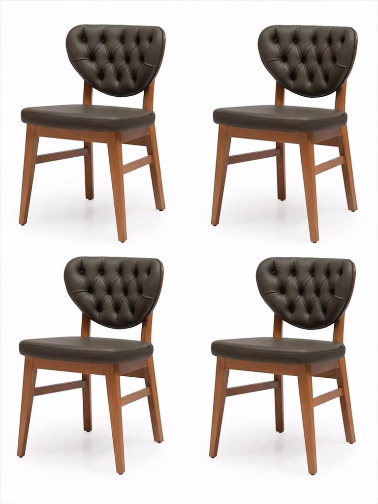 4 krzesła do jadalni, obite ciemnobrązową tkaniną, styl Chesterfield, drewniane, retro