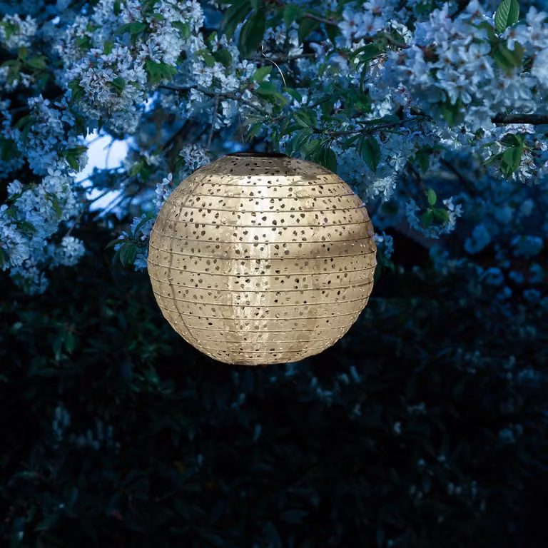 Solarny lampion LED z motywem kwiatowym - ciepła, biała barwa światła LED - wysokość: 25 cm - średnica: 25 cm - czujnik zmierzchu - kolor beżowy