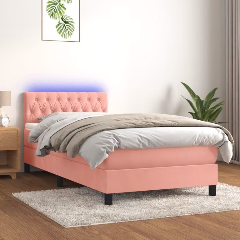 vidaXL Łóżko na sprężynach z materacem i diodami LED różowe 90x200 cm aksamitne - Łóżko na sprężynach - Łóżka - Meble do sypialni