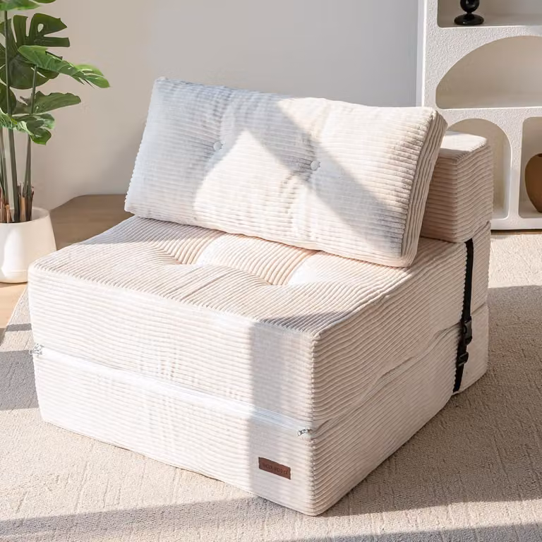 Składana sofa-łóżko w kolorze kremowym, wielofunkcyjna (4-w-1), może służyć jako sofa, łóżko dla gości lub leżak, wypełniona pianką