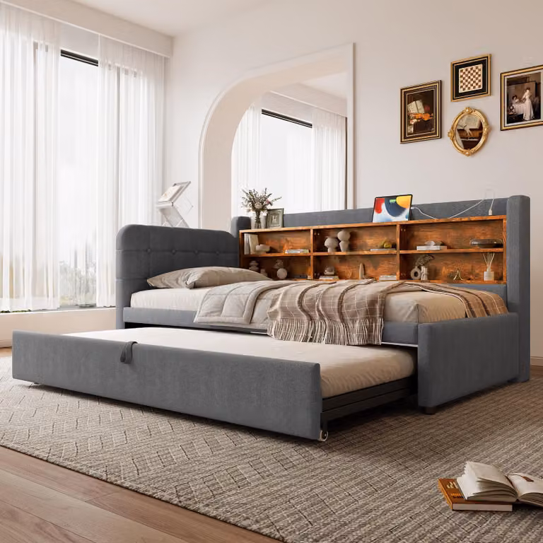 Abrihome rozkładana sofa 90×200 cm z wysuwanym łóżkiem, USB i Type-C, łóżko dzienne z listwowym stelażem - szary
