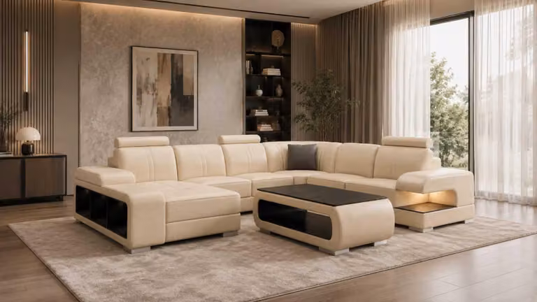 Nowoczesna, beżowa sofa modułowa w kształcie litery "U" z kompletem stolików kawowych. Projektowane meble
