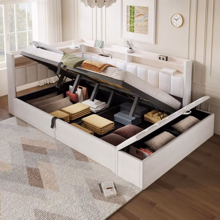 Sofa rozkładane Flieks 140x200 cm z podnóżkiem, sofa do spania typu daybed z portem USB i oświetleniem LED, hydrauliczne łóżko z pojemnikiem na pościel, idealne dla młodzieży, łóżko dwuosobowe, aksamit, kolor biały