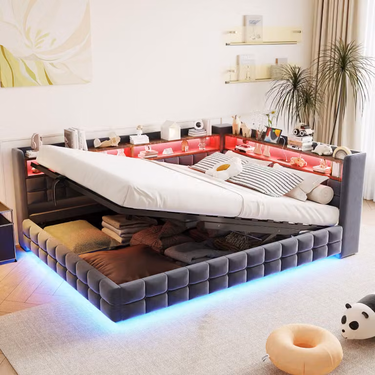 Rozkładana sofa hydrauliczna 140x200 cm z pojemnikiem na pościel, łóżko tapicerowane z funkcją pojemnika i wykończeniem skórzanym, sofa dzienna z miejscem do przechowywania, łóżko z pojemnikiem obite welurem, kolor: ciemnoszary