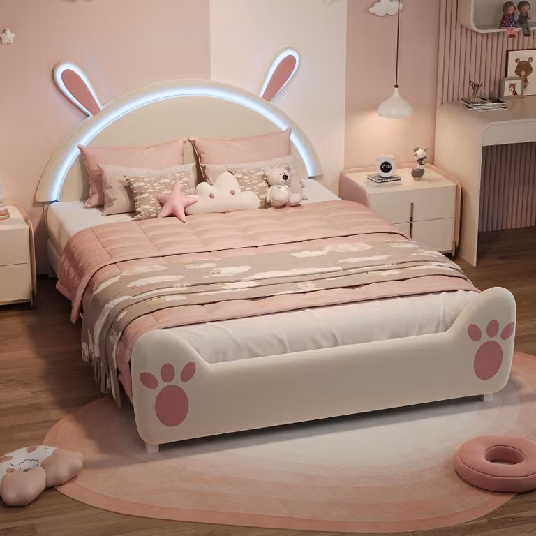 Łóżko dziecięce UnboxG 140 x 200 cm z motywem królików, lampką LED do czytania przy wezgłowiu, miękkim materacem z motywem z kreskówek do pokoju dziecięcego, łóżko podwójne