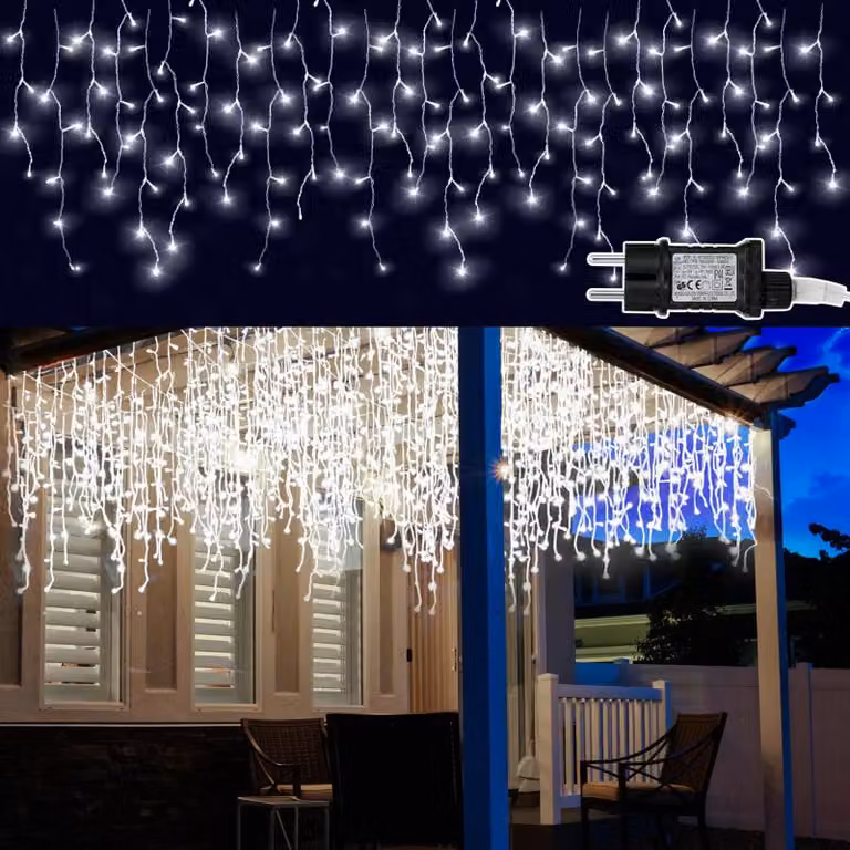 Jayseuw 10M 200LEDs lodowy deszcz łańcuch świetlny zimna biel, kurtyna świetlna z 8 trybami, świąteczne oświetlenie balkonu dekoracja ogrodu