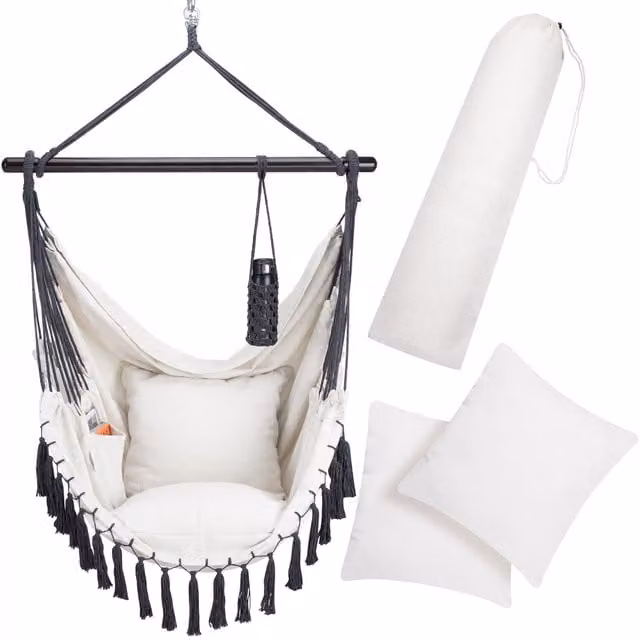Krzesło wiszące Detex w stylu boho z uchwytem na kubek, kolor beżowy, W x S x G: 170 x 100 x 150 cm