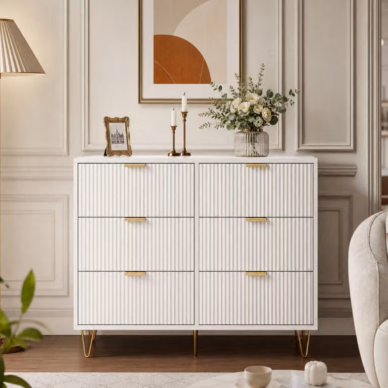 Komoda INONEFT z 6 szufladami, wykonana z litego drewna, nowoczesny design, komoda/szafka RTV z złotymi uchwytami, idealna do przedpokoju, salonu, wymiary: 100 x 34 x 73 cm, kolor biały