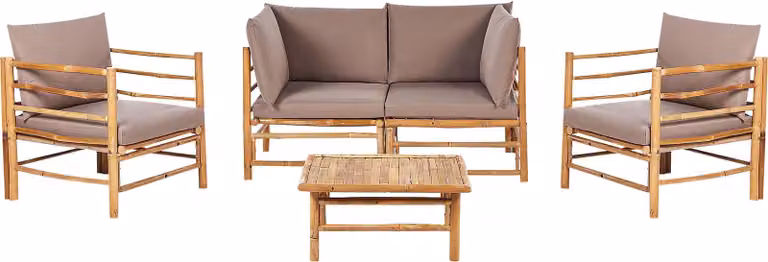 BELIANI Zestaw mebli ogrodowych jasnobrązowy bambusowe 4-osobowy beżowoszary poduszki sofa fotele stolik styl Boho do ogrodu na patio
