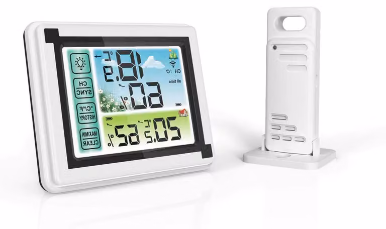 Bezprzewodowa stacja pogodowa - Cyfrowy termometr i higrometr - Pomiar temperatury wewnątrz i na zewnątrz - Duży, kolorowy wyświetlacz LCD - Zasięg do 60 metrów - Biały