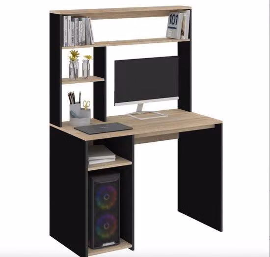 Biurko z drewnianą półką na dole w kolorze czarnym i imitacji dębu – nowoczesny design – wygląd drewna – meble do salonu – trwała konstrukcja – luksusowe wykończenie – ponadczasowe wnętrze – idealne do codziennego użytku