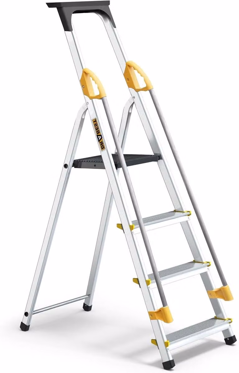 Drabina domowa aluminiowa - składana drabina - idealna do prac domowych - z półką na narzędzia - 4 stopnie - wykonana z aluminium