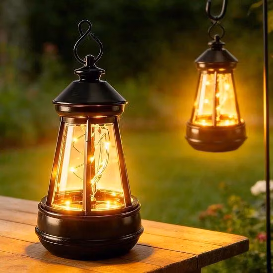 Lampy solarne – lampy wiszące zasilane energią słoneczną – dekoracyjne oświetlenie zewnętrzne – automatyczny czujnik światła – zestaw 2 sztuk – kolor czarny