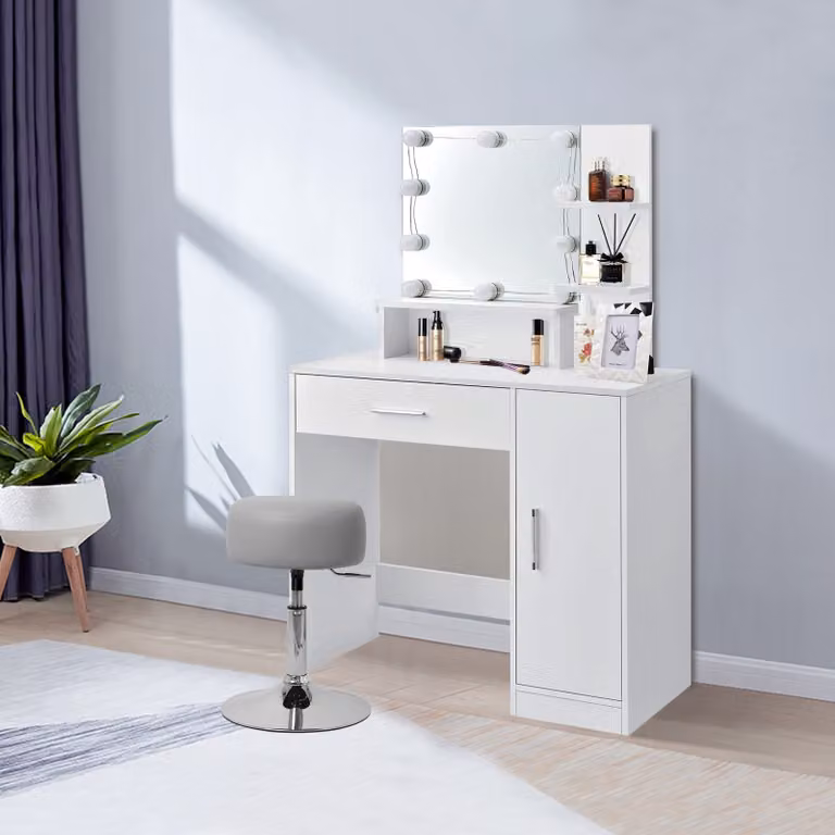 ML-Design toaletka biała z taboretem, toaletka z oświetleniem LED, lustrem, z 1 szufladą, 3 przegrodami i szafką, 90x38x137 cm, wykonana z drewna MDF