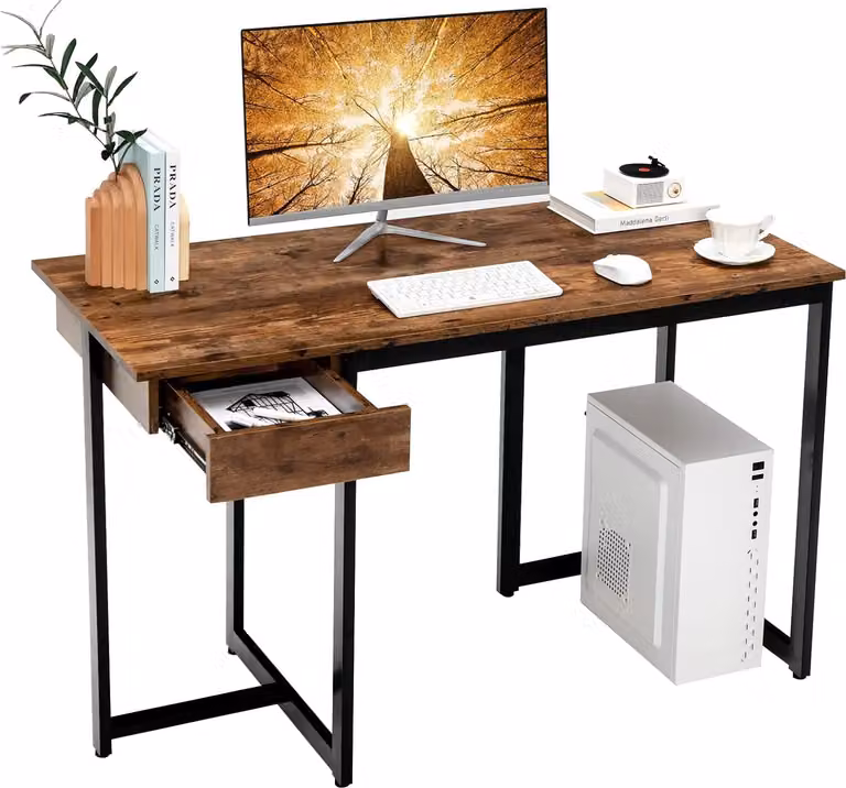 COSTWAY Biurko z szufladą, biurko komputerowe 120x55x75cm małe, biurko biurowe biurko PC stół roboczy metalowa rama vintage brązowy