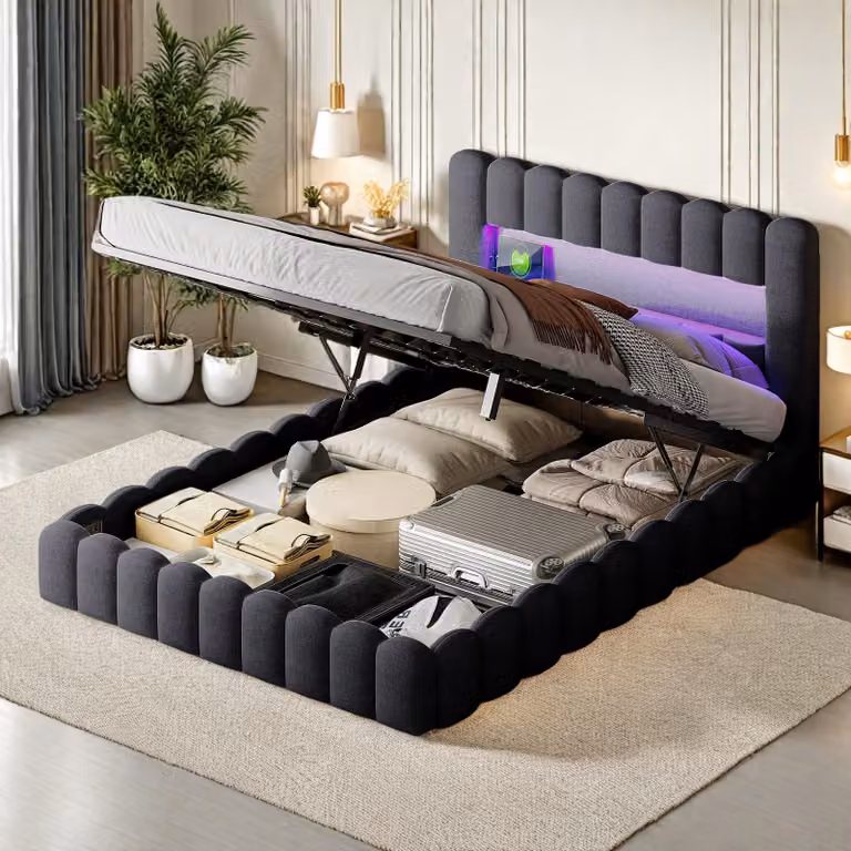 Podwójna rama łóżka 140 x 200 cm, Szara z miejscem do przechowywania, Tkanina lniana, Oświetlenie LED, Zagłówek i stacja ładująca, Listwowa podstawa