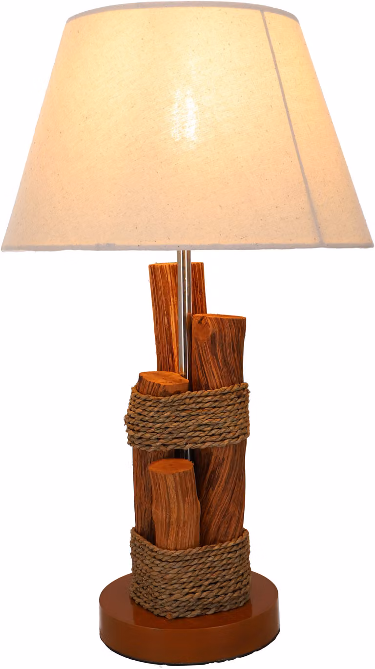 Lampa stołowa / lampa stołowa, ręcznie wykonana na Bali z naturalnego materiału, drewno driftowe, bawełna - model Lusaka, wielokolorowa, drewno driftowe, tkanina bawełniana, 63*32*32 cm, lampy stołowe wykonane z naturalnych materiałów