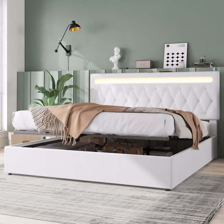 Łóżko tapicerowane Zerbaco, podwójne, 180x200 cm, z hydraulicznym podnoszeniem, pojemnikiem na pościel, oświetleniem LED i portem USB, kolor biały, bez materaca
