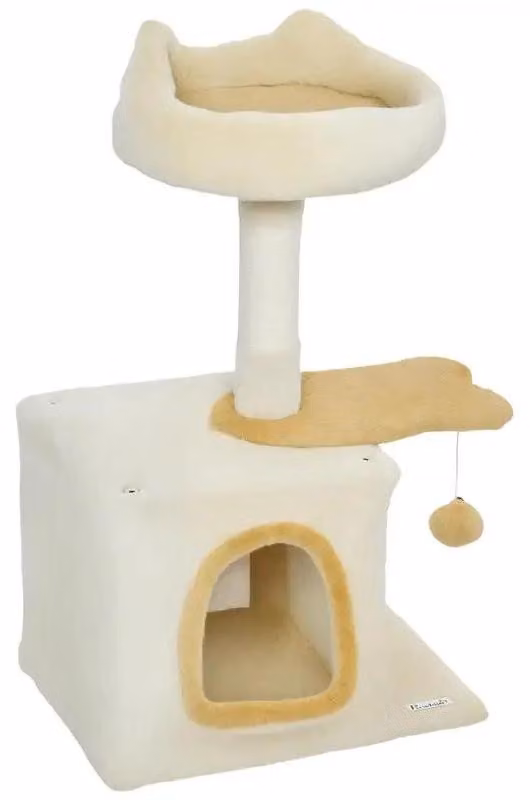 Kratzbaum dla kota z platformą do leżenia i domkiem – 5 poziomów – wykonany z drewna, pluszu i sizalu – wymiary: 40x30x72 cm – kolor: oliwkowy