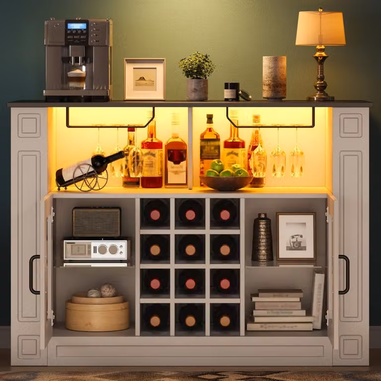 Szafka na wino z oświetleniem LED, biała, wymiary: 120 x 35 x 84 cm